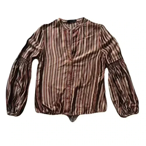 Women's BCBG MaxAzria Sill Striped Brown Blouse Top Work Wear Top Size Medium - Picture 2 of 7